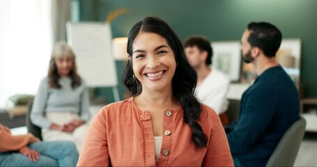 Poster - Therapy, support circle and face of woman with group for help, conversation and meeting. Mental health, psychology and portrait of therapist with patients for counseling, wellness and rehabilitation