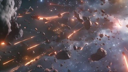 Poster - A space station filled with rockets flying through a chaotic asteroid field, An asteroid field scattered with debris and meteors