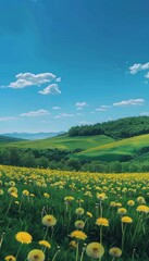 Wall Mural - Panoramic view of green field with yellow dandelions, swaying under clear blue sky, evoking spring's