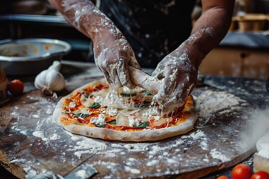 Pizza Maker Skillfully Preparing a Pizza with Fresh Ingredients