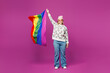 © ViDi Studio - Full body young happy lesbian woman wear pink animal clothes hold in hand rainbow striped flag look camera isolated on plain purple background studio portrait. Pride day June month love LGBTQ concept.