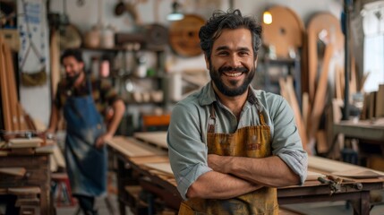 Smiling craftsman in apron posing confidently at modern furniture factory workshop