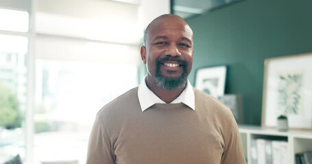 Poster - Happy, office and face of business black man for confidence at pride, career and job. Professional, corporate agency and portrait of mature person for startup ideas, company growth and working