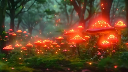 Canvas Print - A cluster of mushrooms growing in the lush green grass of an enchanted forest, An enchanted forest filled with colorful mushrooms and glowing fireflies