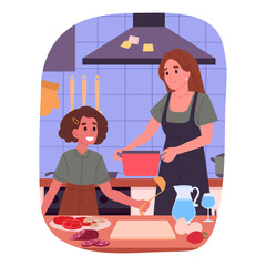 Cooking mom and kid. Female characters cooking food at home, mother and daughter preparing tasty dishes flat vector illustration. Homemade meal preparation