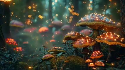 Canvas Print - A cluster of various mushrooms growing together in a forest setting, An enchanting forest filled with colorful mushrooms and fairy lights