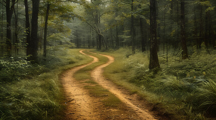 Wall Mural - A winding dirt path through a dense, misty forest. The path is surrounded by lush green trees and foliage, creating a serene and mysterious atmosphere.