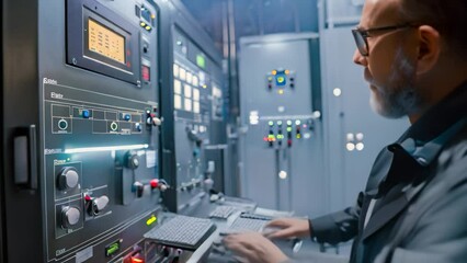 Poster - Engineer adjusting control settings on SCADA system in control room, An engineer adjusts control settings on a SCADA system interface