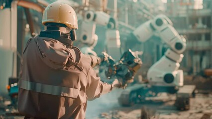 Aufkleber - Engineer in Hard Hat Holding Cell Phone, An engineer collaborating with intelligent robots on a construction site