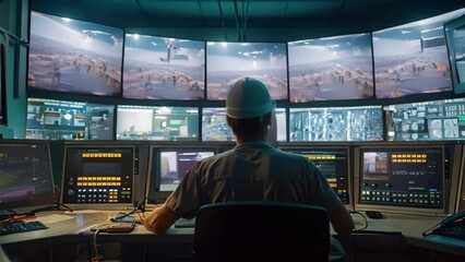 Poster - a man sits in a control room surrounded by multiple monitors, actively monitoring operations, an eng
