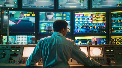 Poster - A man, an engineer, sits in front of a control panel, monitoring processes in a factory, An engineer in a factory control room monitoring processes and systems