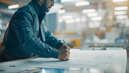 Poster - a man in a hard hat writing on a piece of paper in a factory setting, an engineer in a factory envir