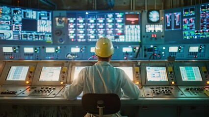 Poster - A man in an engineering uniform sits in front of control panels, monitoring operations in a factory control room, An engineer in a factory control room monitoring processes and systems