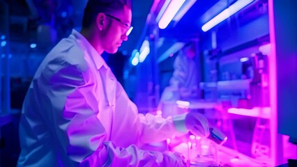 Poster - A man in a lab coat working on a device, An engineer testing out a prototype in a state-of-the-art testing facility