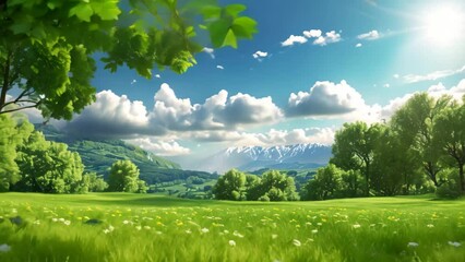 Canvas Print - A green field with a tree in the foreground and mountains in the background under a clear sky, An idyllic countryside setting with verdant meadows and a deep blue sky overhead