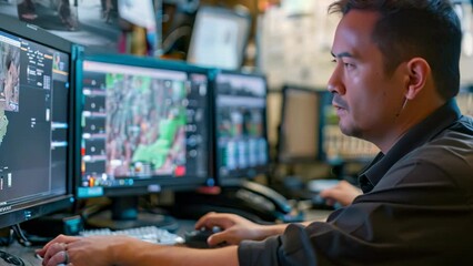 Sticker - A man sitting in front of a computer monitor, working as an incident response manager coordinating a response, An incident response manager coordinating a response to a cyber attack