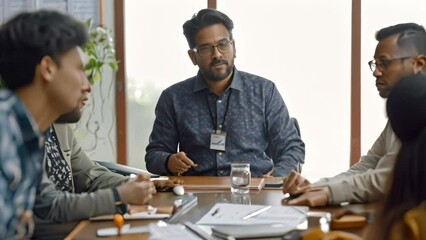 Poster - group of people discussing at a table, an indian man presenting his latest project to a panel of jud