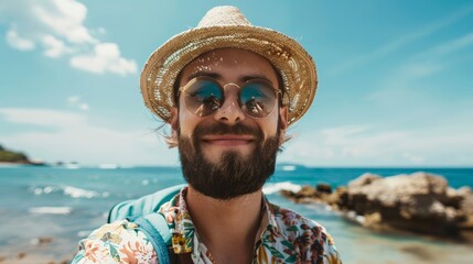 close-up shot of a good-looking male tourist. Enjoy free time outdoors near the sea on the beach. Looking at the camera while relaxing on a clear day Poses for travel selfies smiling happy tropical