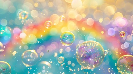 Wall Mural - Fun and playful poster with a rainbow and colorful bubbles for a kids' event