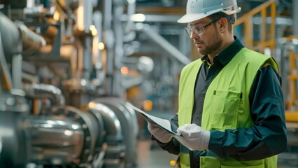 Poster - a man in a safety vest checks machinery using a tablet device in an industrial setting, an industry 