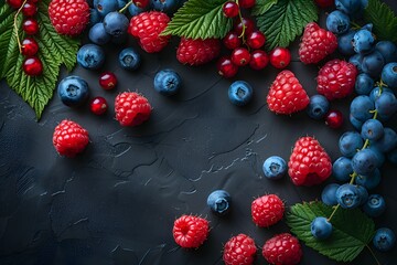 Wall Mural - Fresh and Juicy Assorted Berries Composition on Dark Background Perfect for Food Photography, Print, and Poster Design