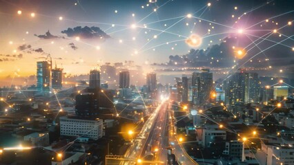 Poster - modern cityscape with connected lines and dots, an intelligent control hub, leveraging data-driven i