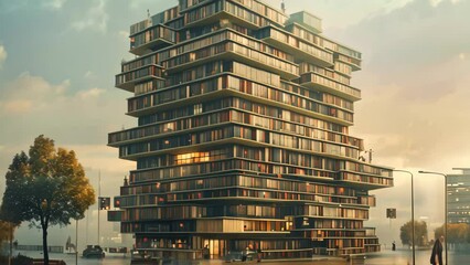 Poster - a towering office building with numerous balconies stacked on top of each other, an office building 