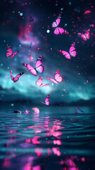 Wall Mural - Purple butterfly shining beautifully on a lake at night, copy space,space for text,Generative AI,夜の湖に綺麗に輝いている紫色の蝶、コピースペース,テキスト用スペース,Generative AI,