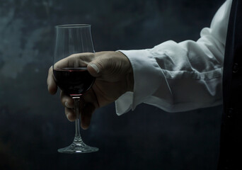 Wall Mural - A man in a classic black suit holds a glass of red wine