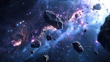 Wall Mural - numerous asteroids making their way towards a stunning nebula form the captivating scene captured in