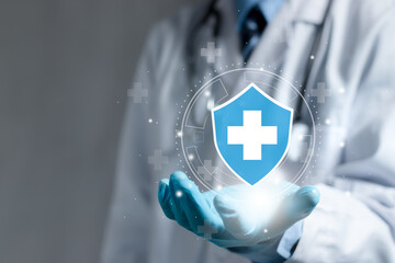 Medical cybersecurity.Security Health Care Concept. Medical Data Insurance and Safety. Medicine secure patient privacy history.lock icon on virtual screen. Access healthcare protection technology..