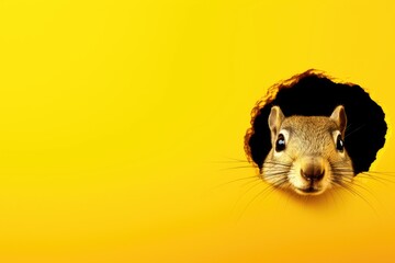 A small squirrel peeks out of a hole in a yellow background. Concept of curiosity and playfulness, as the squirrel seems to be exploring its surroundings. The bright yellow background adds a cheerful