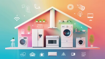 Energysaving infographic comparing different appliances, home efficiency theme, front view, explaining energy consumption, digital tone, colored pastel