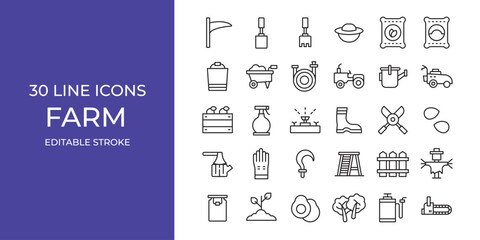  Farm icon illustration stock editable stroke. hat, seeds, vegetable and more