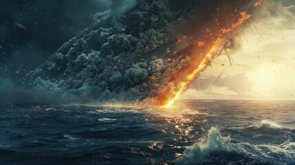 Wall Mural - in a dramatic armageddon like scene a blazing meteor hurtled downwards and crashed into the vast exp