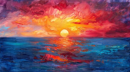 Retro-style oil painting of a sunset, featuring bold colors and a textured finish