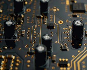 Aufkleber - Close up view of black pcb with gold connectors, technology concept horizontal banner design