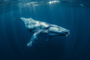 Humpback whale underwater in Caribbean. Blue whale in ocean depths, serene light rays highlight its majesty.