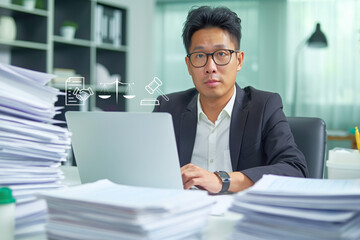 Poster - A lawyer with a large stack of documents. A man is sitting at a desk with a laptop and piles of papers. He is wearing a suit and glasses. Generative ai illustration.
