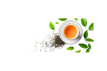 Top view a white cup with a green leaf. The cup is filled with tea and has some leaves on the side.finely ground dried tea leaves. Copy space. On transparent background. Generative ai illustration.