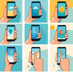 Poster - set of hand holding smartphones, icons isolated, summer time holiday, vector ready for design 