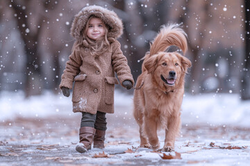 Wall Mural - Canadian girl and her dog playing outside at winter holidays