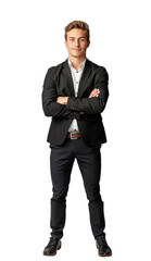 Young man standing with arms crossed wearing a dark suit on a white background, professional attire concept. Generative AI