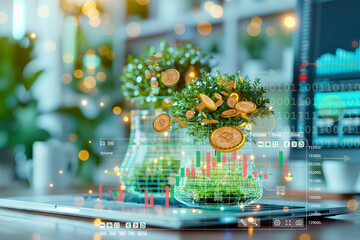 Fototapete - Bitcoin, a form of digital currency investment.  The plant is surrounded by a green background and the coins are scattered around. Concept abundance and prosperity. Generate ai illustr