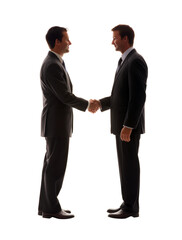 Leinwandbilder - Two men in suits shaking hands isolated on a white background, depicting a professional agreement or greeting. Generative AI