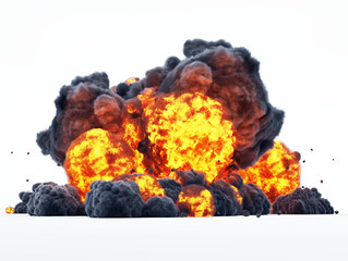 Poster - A massive explosion with intense flames and dark smoke against a white background, illustrating a concept of destruction. Generative AI