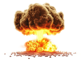 Poster - An explosive mushroom cloud with intense flames at the base on a white background, depicting power or disaster. Generative AI