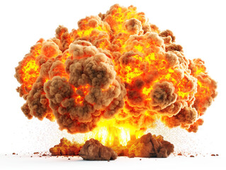 Poster - A massive explosion with bright flames and smoke, isolated on a white background, depicting destructiveness. Generative AI