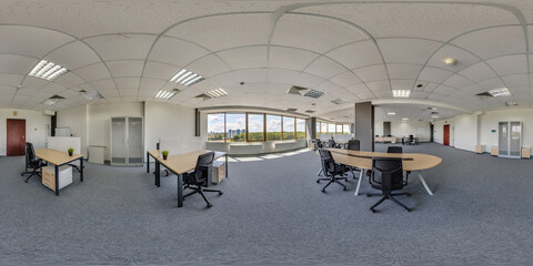 Wall Mural - full spherical hdri seamless hdri 360 panorama in interior of work room in modern coworking office empty hall for business meeting in equirectangular projection. AR VR content