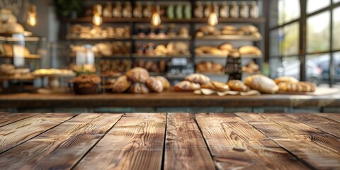 Wall Mural - Empty Rustic Wooden Counter In Bakery